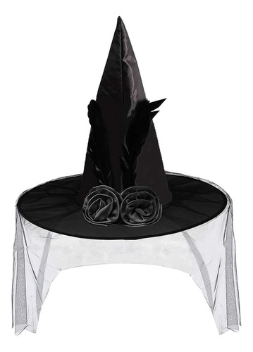 Sombrero Bruja Negro Halloween Con Flor Rosa Negra Y Plumas