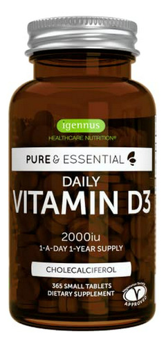 Vitamina D3 Vegetariana Diaria 2000iu, 365 Comprimidos, 1 Al Día