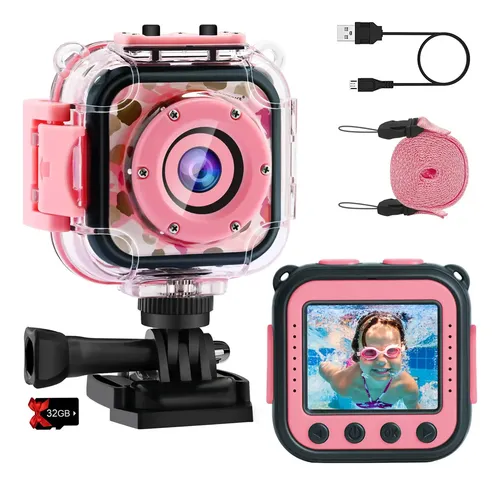 Ushining Cámara Infantil Impermeable – 12MP HD 1080P Con Pantalla De 2.0 Pulgadas, 32GB TF, Funda De Silicona Y Soportes Para Acción (Azul)