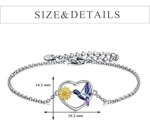Imagen 6 de 7 de Pulsera Colibrí Corazon Girasol Plata Fina 925 Regalo Mujer
