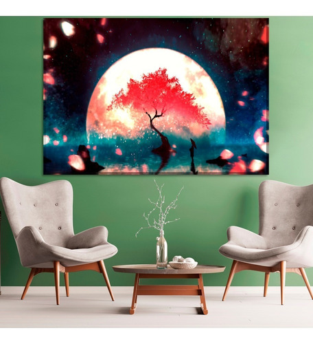 Lienzo Tela Canvas Cuadro Pintura Luna Arbol Rojo C217