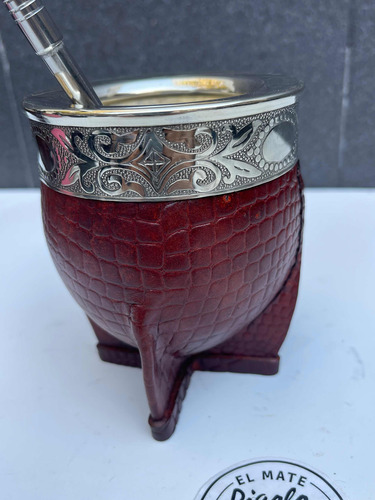 Mate Imperial Cuero Croco De Alpaca Y Calabaza Con Bombilla