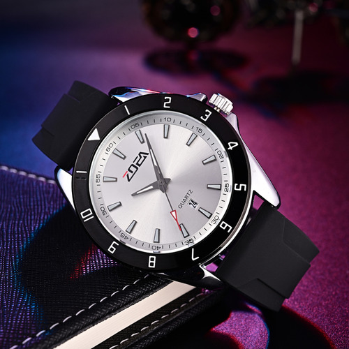 Reloj Zoea Ez8060-h Hombre Cuarzo Silicona 30m Prueba Agua Correa Negro Bisel Negro