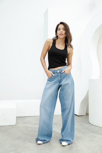 Pantalón Baggy De Jean Rígido Tiro Medio - Oriental