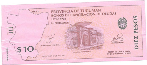 Prueba En Rosa Billete Bono De Tucuman De 10 Pesos Año 1999