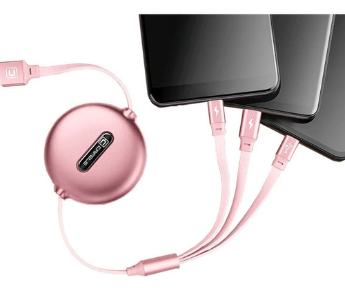 Cable Para Carga Triple Para Celular Smartphone Tablet T3 Color Rosa metálico