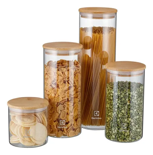 Electrolux Kit 4 Potes Hermeticos De Vidro Com Tampa Bambu Porta Mantimentos Porta Alimentos Vedacao Silicone