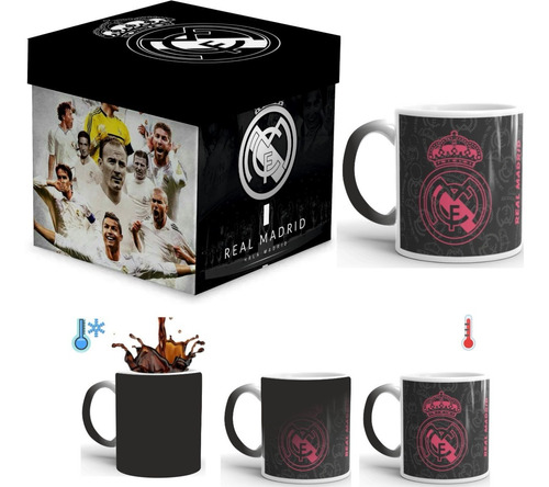 Real Madrid Taza Mágica Fútbol Y Caja De Madera Para Regalo