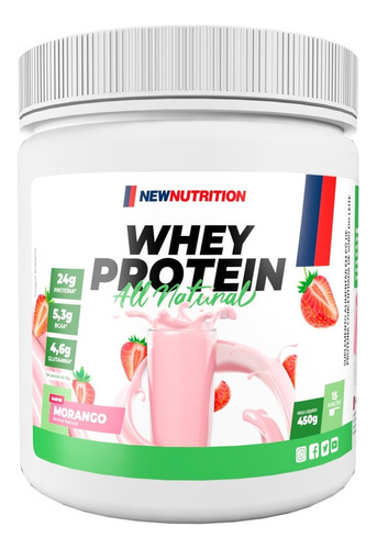 Whey Protein Concentrado All Natural em Pote de 450g Newnutrition Alta Concentração de Proteína Sabor Morango