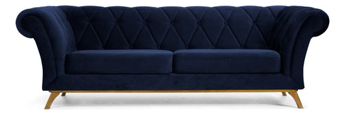 Sofá 180cm 3 Lugares Base Madeira Império Veludo Marinho Cor Azul Desenho do tecido Liso