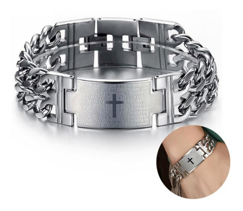 Pulseira Bracelete Masculina Pai Nosso Aço Prateada Garantia