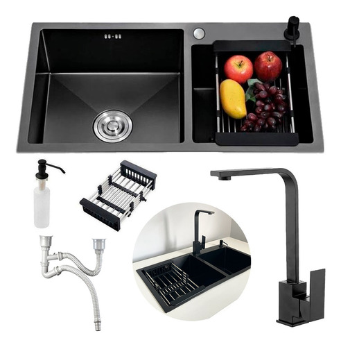 Cuba Pia Gourmet Dupla Preta Cozinha Aço Inox + Torneira Cor Preto