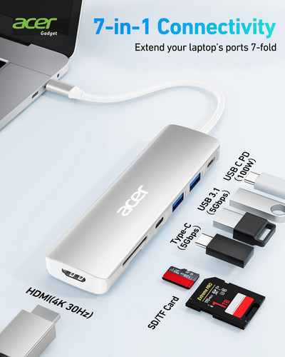 Base Usb C Acer 7 En 1 Con Hdmi 4k, 2 Usb 3.1, Pd 100 W, Pla