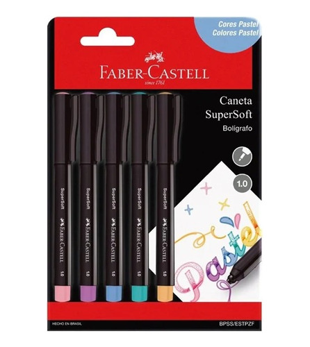 Pack 5 Lapiceras De Colores Pasteles Supersoft Faber Castell