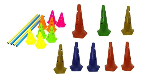 Kit Com 8 Cones 50 Cms Colorido Furado+8 Cones C/4 Barreiras