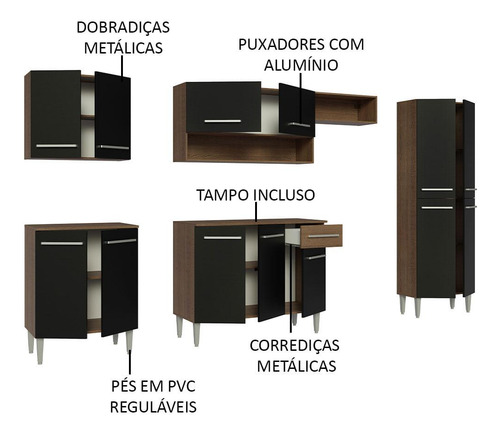 Cocina Integral 293cm Marrón/negro Emilly Madesa 01