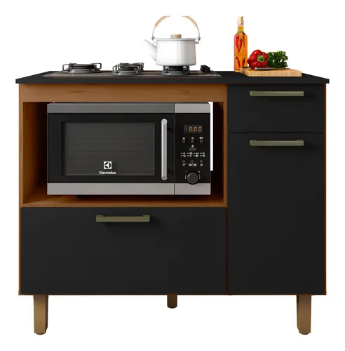 Balcão de Cozinha Para Cooktop 5 Bocas Nicho para forno 2 Portas 1,10m Master Nature e Preto Zanzini