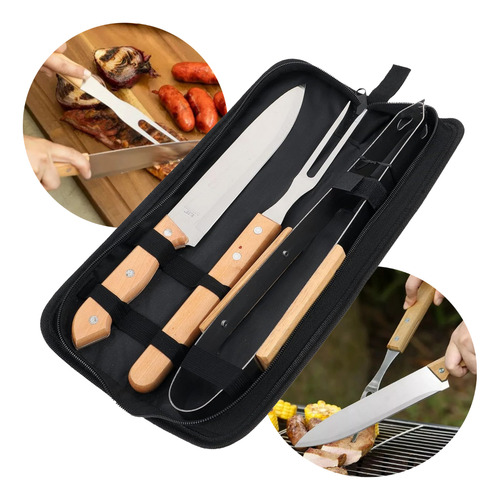 Kit Parrillero Cuchillo Tenedor Pinza Estuche Set Asado