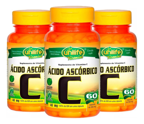 Vitamina C (ácido Ascórbico) - 3x 60 Cápsulas - Unilife