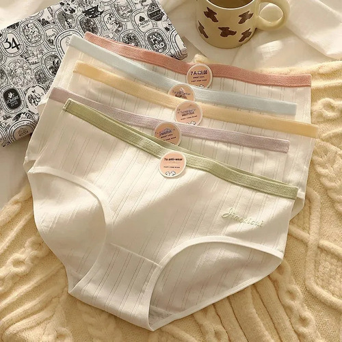 Calzoncillos De Algodón Para Mujer, Tejido A Media Cintura,