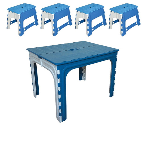 Kit Mesa E 4 Banquetas Dobravéis - Azul