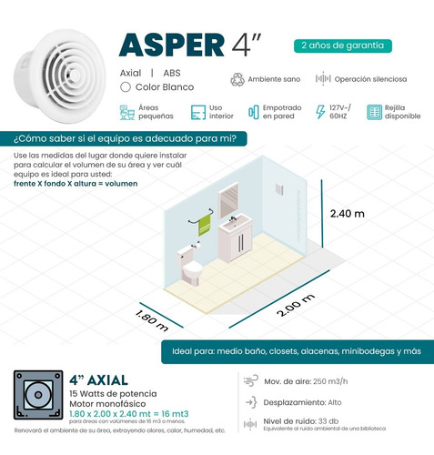 Imagen 2 de 4 de Extractor De Aire Asper 4 Pulgadas Blanco Masterfan