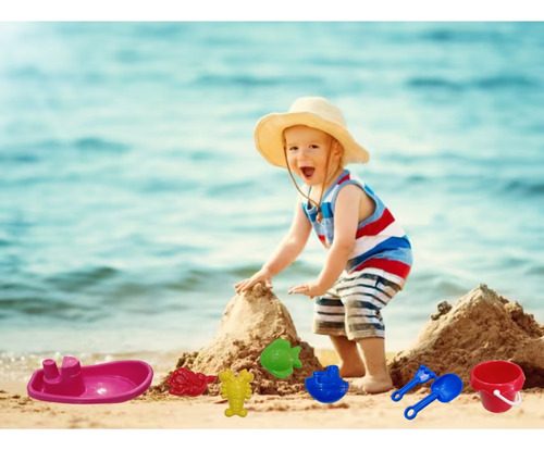 Set 5pz Playa Arena Molde Barco Rastrillo Pala Grande Niños
