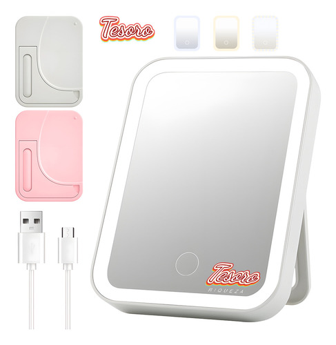 TESORORIQUEZA Espejo De Maquillaje Led De 3 Niveles Recargable Usb Recargable USB, Espejo de Mano Portátil para Maquillaje Preciso