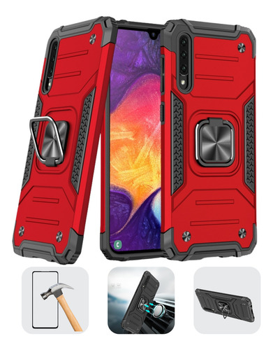 Funda Para Galaxy A50 Con Mica Varios Modelos Antigolpes Rojo Shockcolor