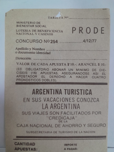 Antigua Boleta Prode Año 1977 Zona Boedo Medidas 18x8cm (Usado)