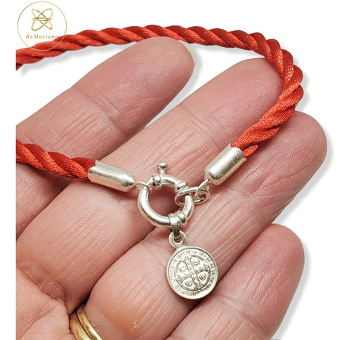 Imagen 5 de 7 de Pulsera Plata Hilo Seda Rojo Dije San Benito Marinero