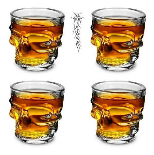 Set 4 Vasos Calavera 25ml Shot Tequila Whisky Doble Fondo Color Vidrio