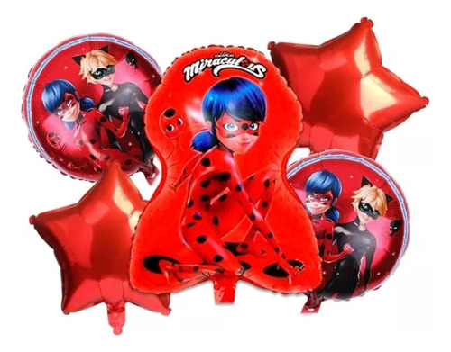 Set 5 Globos Ladybug Miraculous Decoración Fiesta Infantil 