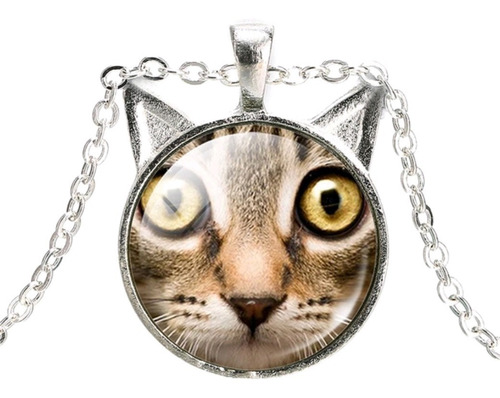 Colar Prateado Cara De Gato Cat Cabochão Vidro Com Orelha 1