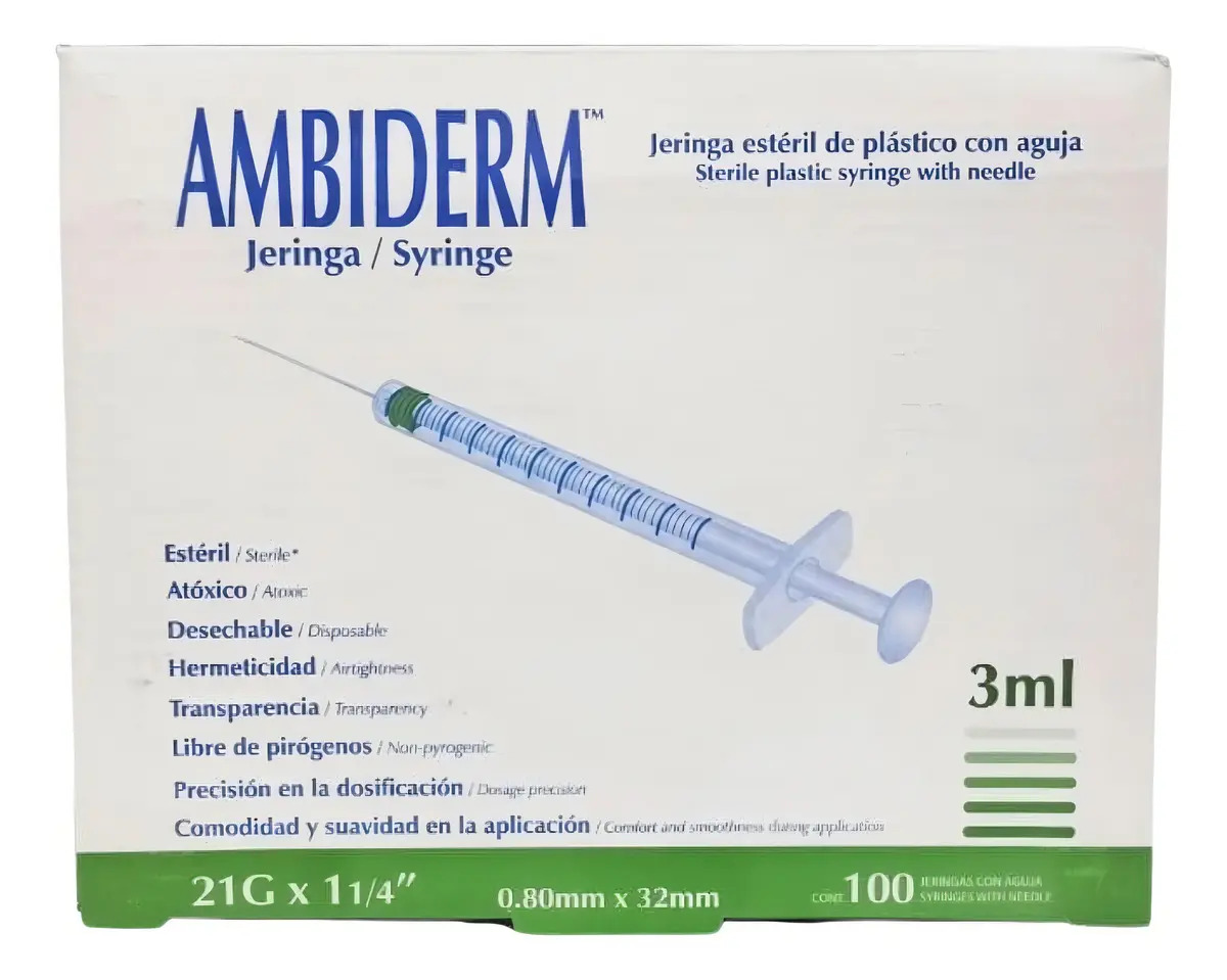 100 Jeringas De Plástico 3ml Con Aguja 21gx32mm Estéril Capacidad En Volumen 3 Ml