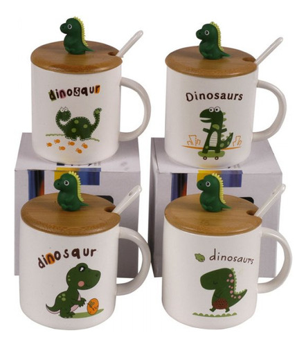 Mug Taza Diseño Dinosaurio Con Cuchara Y Tapa 500cc Colores