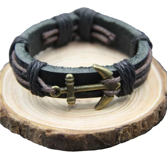 Pulsera Hombre Cuero Pulsera Ancla Vintage Regulable