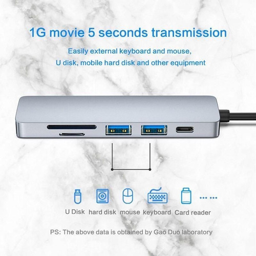 Imagen 3 de 10 de Hub Adaptador Tipo C 6 En 1 Usb 3.0 Hub Con Hdmi Y Sd