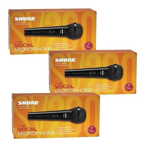 Kit 3 Microfone Shure Sv200 Cabo 4,57mtrs 2 Anos De Garantia