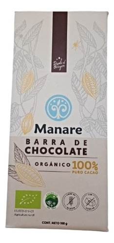 Barra Chocolate Organico Sin Azucar 100% Cacao - Manare