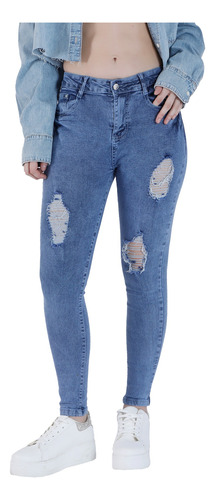 Jeans Rotos De Mezclilla, Azul, Ajusta Piernas Y Glúteos