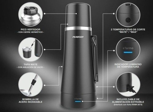 Imagen 2 de 7 de Termo Peabody Electico 700w 1 Lt Con Pico Cebador Y Bombilla