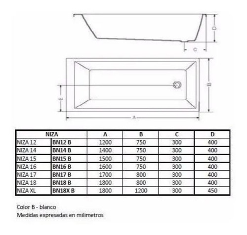 Imagen 2 de 5 de Bañera Ferrum Niza Acrílico 120 X 75 X 40 Rectangular Bn12