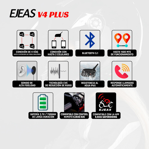 Intercomunicador Bluetooth Moto Casco Ejeas V4 Plus 1500m
