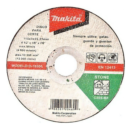 Disco Abrasivo Corte De Concreto 4-1/2 X 7/8 Makita D18356 Color Gris