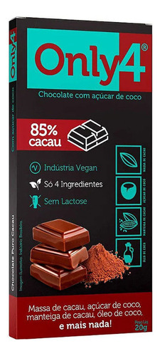 Chocolate 85% Cacau Com Açúcar de Coco Only 4 20g Only4 chocolate com sem agregado sem glúten caixa 20g