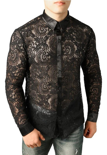 Camisa De Encaje Con Hojas De Club Nocturno Para Hombre, Ves