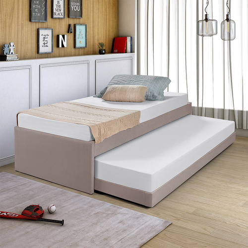 Cama Solteiro Bianca+auxiliar Madeira Maciça Tecido Pavia Cor Bege Lisa