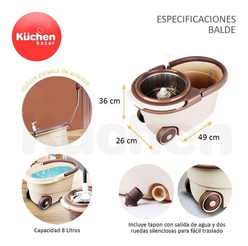 Imagen 2 de 10 de Balde Mopa Centrífuga Acero Lampazo Giratorio Con 3 Repuestos De Microfibra Ultra Absorbente Trapeador Pisos - 6 Cuotas