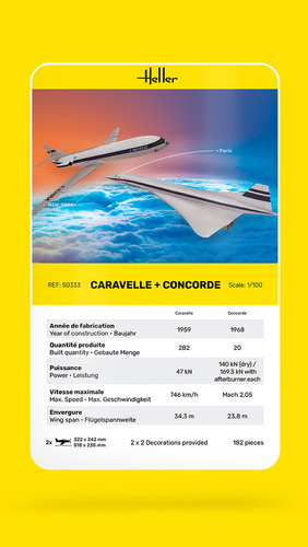 Kit Heller 2 Aviões Caravelle + Concorde 1/100 182 Pçs 50333